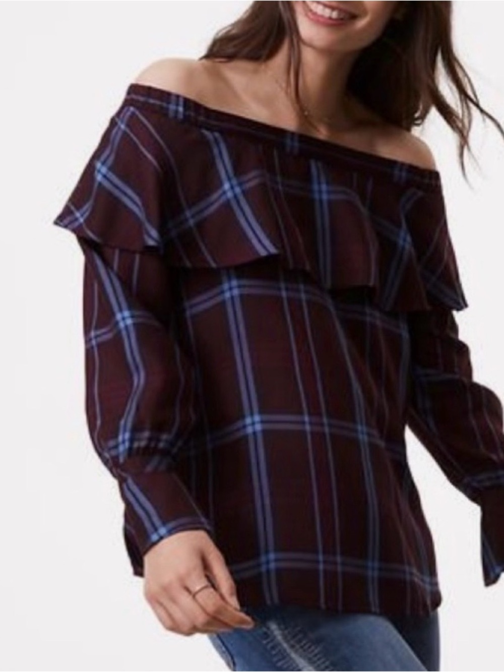 Loft Off the Shoulder Plaid Ruffle in Burgundy and Blue size M